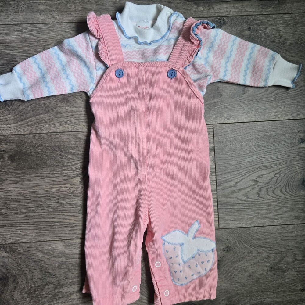 VTG 80s Sears Baby Girl Pink Corduroy Overalls Set S 6-9M Strawberry Ruffle 2pc